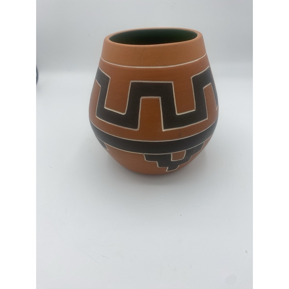 Vintage Mexican Terracotta Pottery Vase Geometric Tribal Design Green...